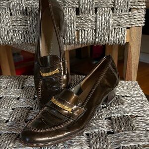 Salvatore Ferragamo Brown Patent Loafers with Gold Accent